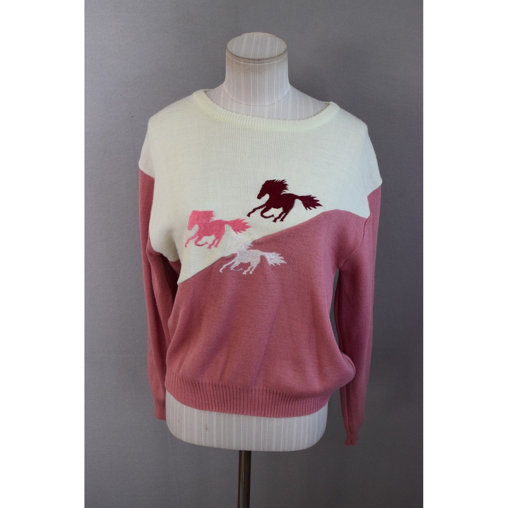 Vtg Miller Horse Sweater Large Pink Cream Horse Graphic Womens Retro Cowgirl 70s
